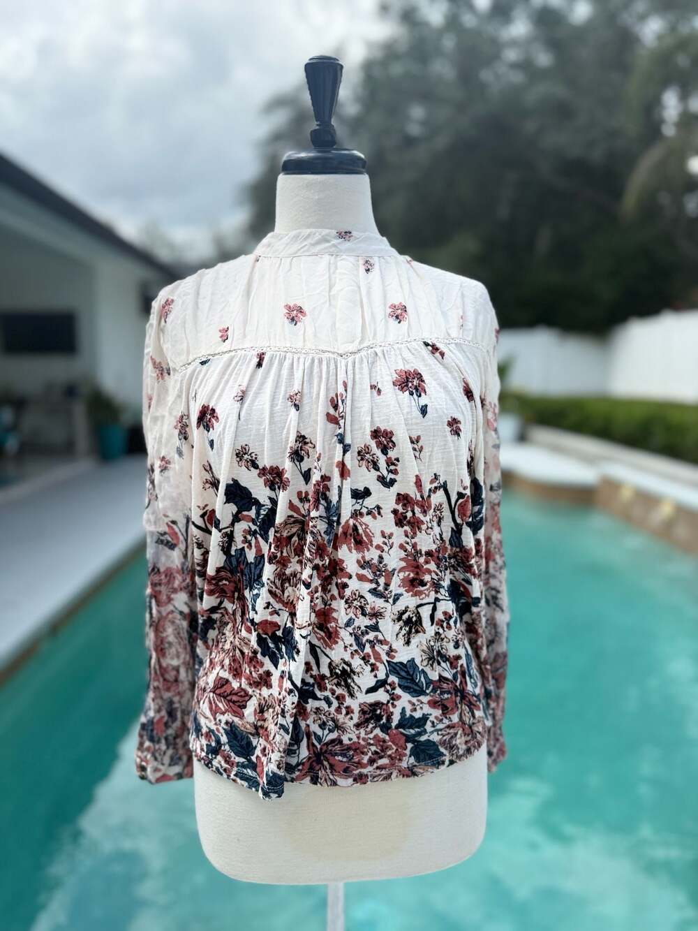 Lucky Brand Womens Floral Split Long Sleeve Blouse